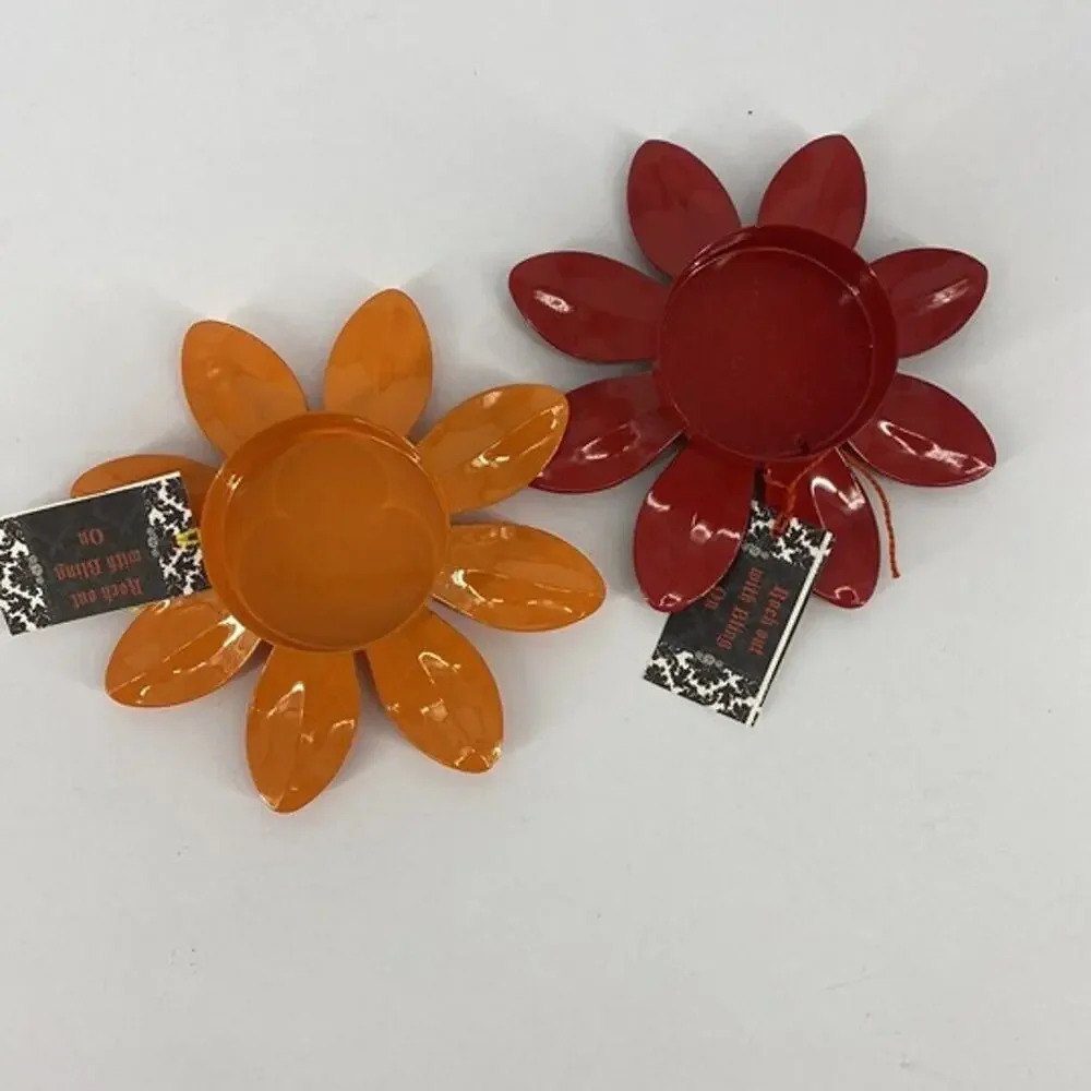 Lot Of 2 Red/orange Flower Tealight Holder With Glitter And Rhinestone Embellish